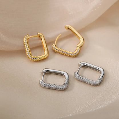 Hoop Earrings with Zirconia - Square Circle Design