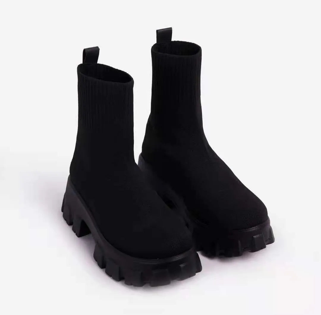 Women Boots Chunky Sole and Fabric Uppers
